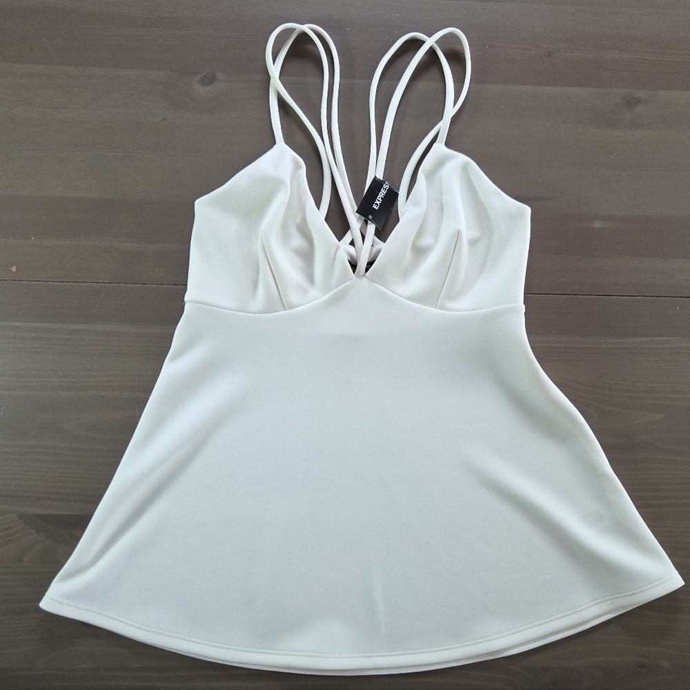 Express NWT White Cream Strappy Cami Tank Top VNeck Side Zip Flowy Dressy Size S